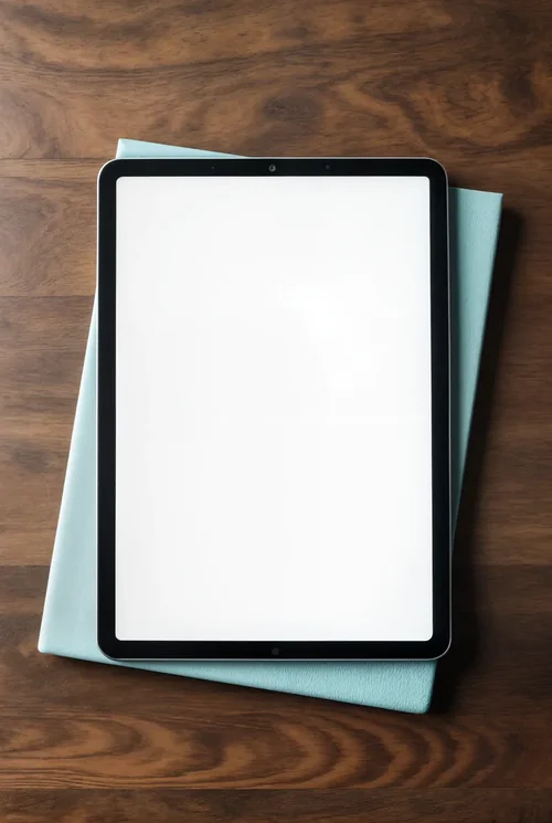 Modern iPad Mockup on Wooden Surface - Minimalist Design