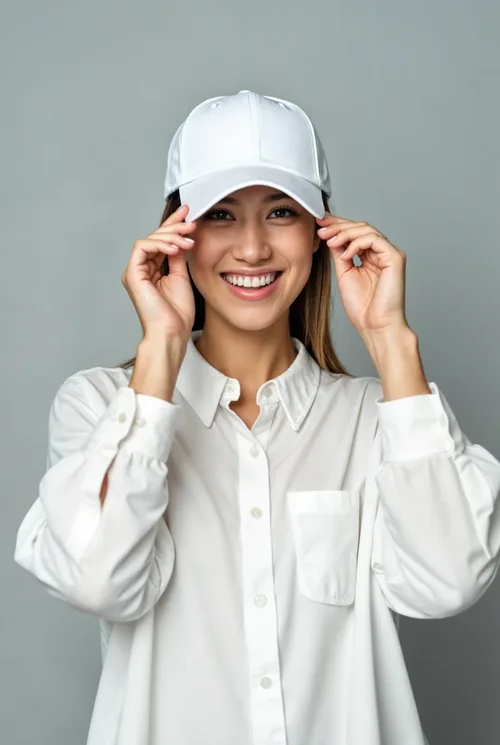 Joyful Woman in White Cap Mockup - Casual Style