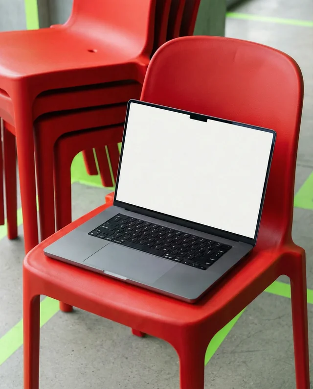 Modern MacBook Mockup on Vibrant Red Chair