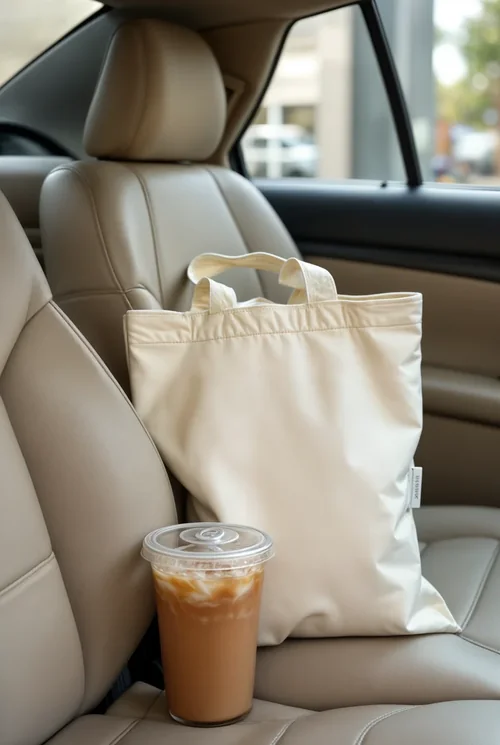 Cream Tote Bag Mockup with Iced Coffee in Car Setting