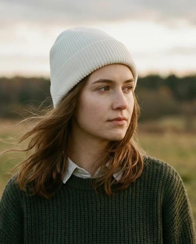 Serene Young Woman in Beanie Mockup at Golden Hour