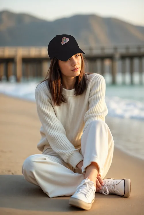 Serene Beach Mockup: Woman in White Cap and Sweater