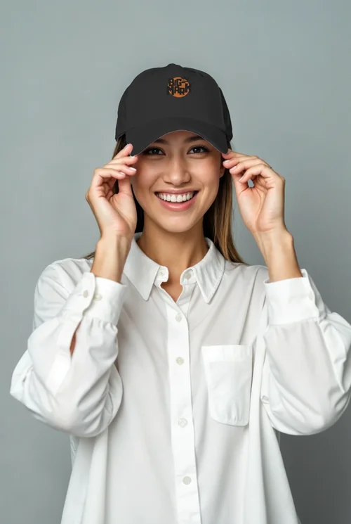 Joyful Woman in White Cap Mockup - Casual Style