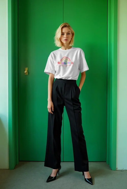 Stylish T-Shirt Mockup Against Bold Green Door