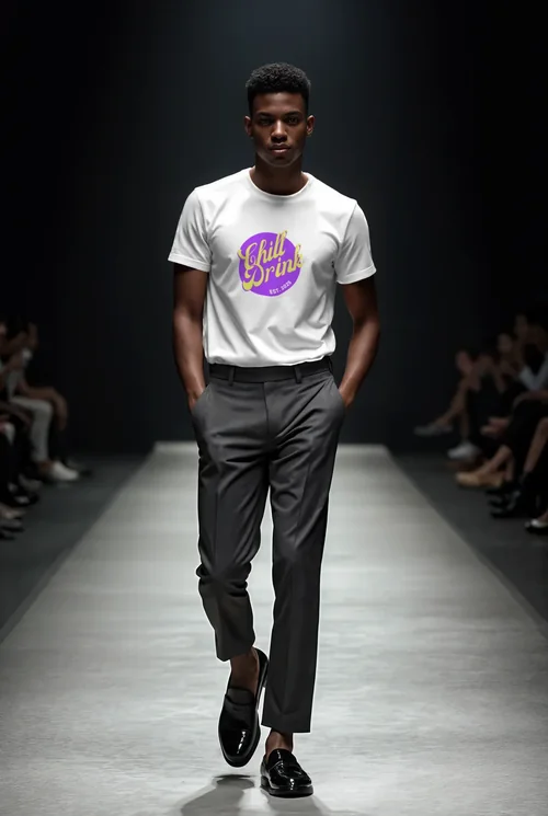 Stylish T-Shirt Mockup Featuring Male Supermodel on Runway