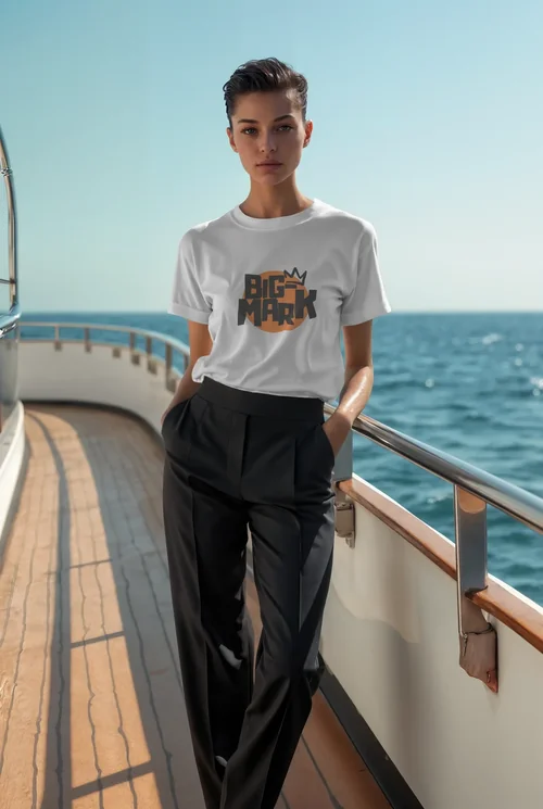 Elegant T-Shirt Mockup of a Supermodel on a Yacht