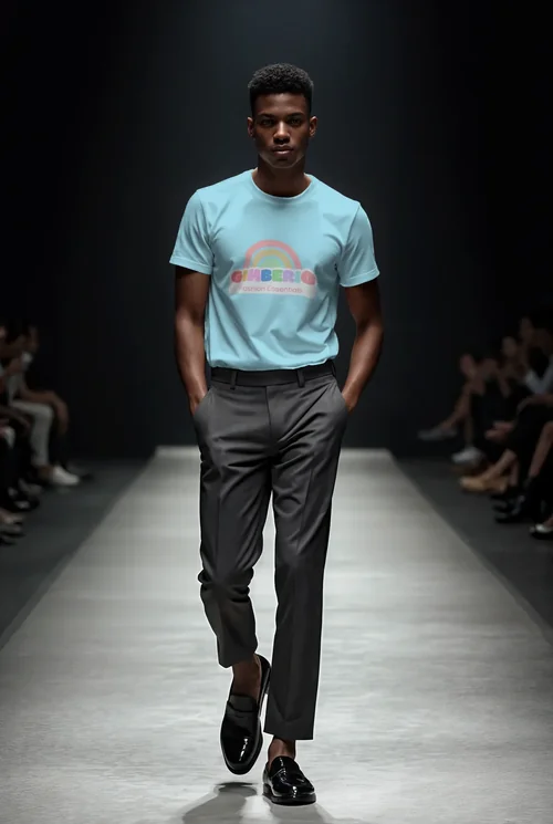 Stylish T-Shirt Mockup Featuring Male Supermodel on Runway