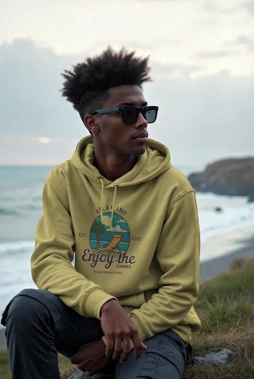 Serene Mockup of Young Model in Grey Hoodie by Ocean