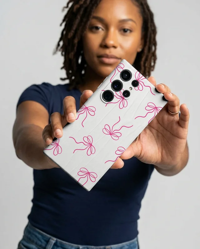 Confident Woman Showcasing a Stylish Phone Cover Mockup