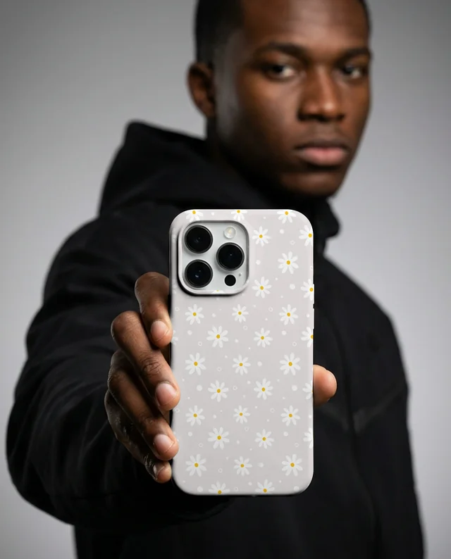 Young Man Showcasing Phone Cover Mockup in Urban Style