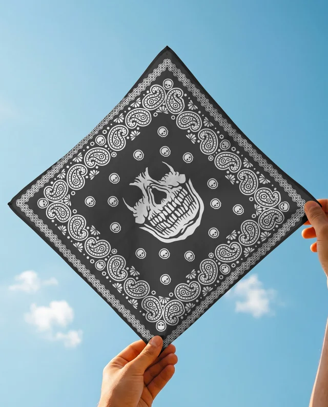 Hands Holding a White Bandana Mockup Against Blue Sky