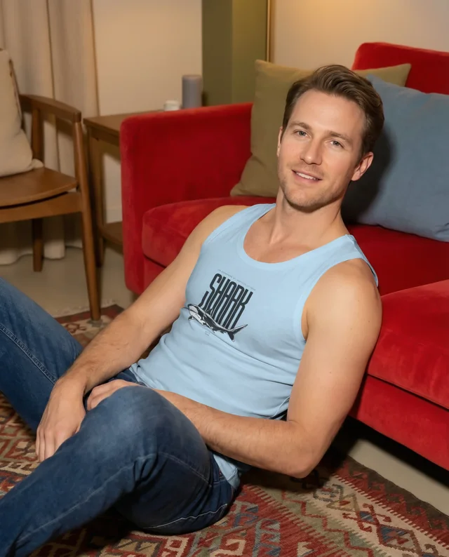 Casual Young Man in White Tank Top Mockup at Home