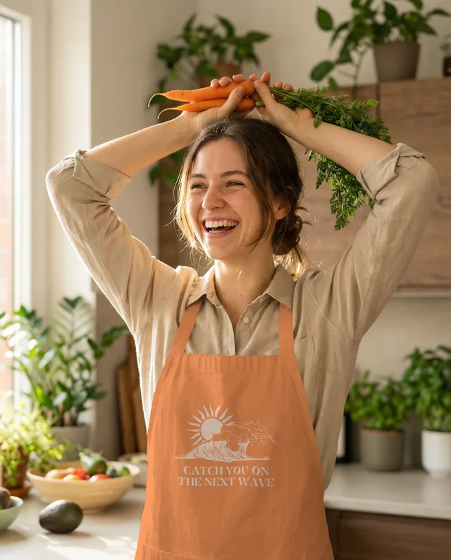 Joyful Woman in White Apron Holding Fresh Carrots Mockup