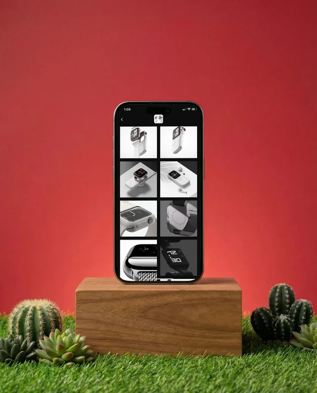Modern iPhone Mockup on Wooden Pedestal with Succulents