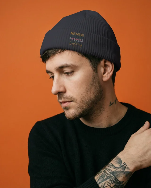 Thoughtful Young Man in White Beanie Mockup Portrait