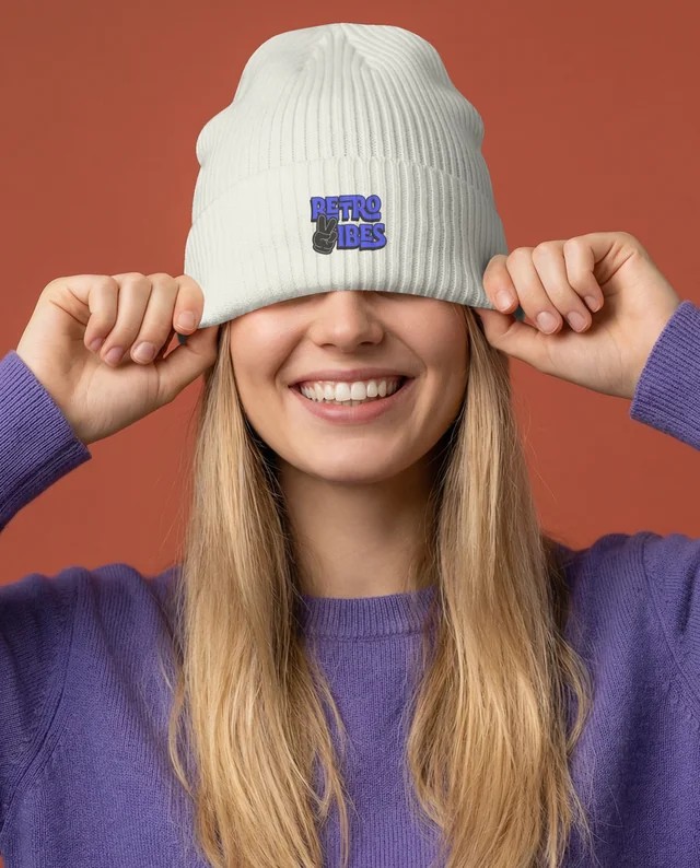 Joyful Young Woman in White Beanie Mockup Portrait