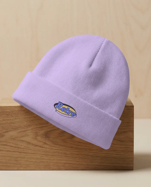 Elegant White Ribbed Beanie Mockup on Wooden Block