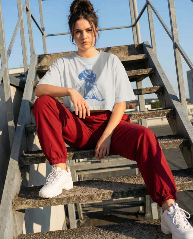 Casual Mockup of Young Woman in Crop Top and Joggers
