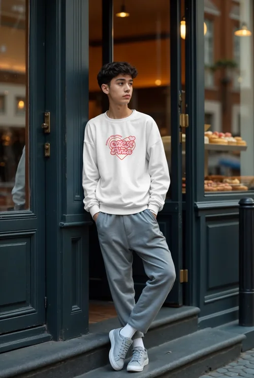Urban Sweatshirt Mockup: Teen Style in a Café Setting