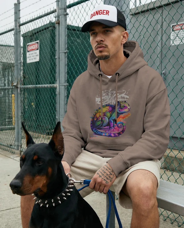 Urban Hoodie Mockup of Young Man with Doberman Dog