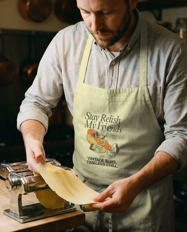 Focused Chef in Cozy Kitchen Mockup with Apron and Pasta