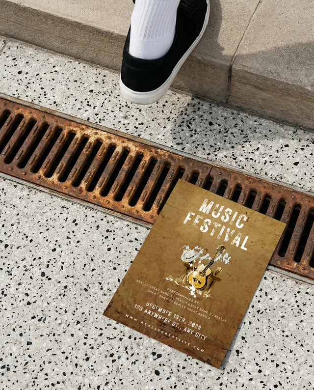 Stylish Black Sneaker Mockup with Flyer on Textured Surface
