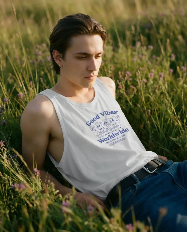 Relaxed Young Man in White Tank Top Mockup in Nature