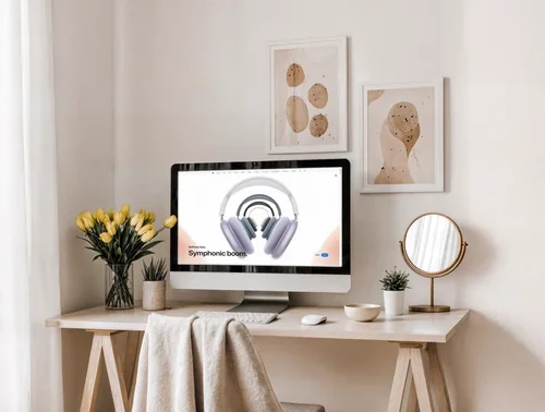 Modern Home Office Mockup with iMac and Cozy Decor