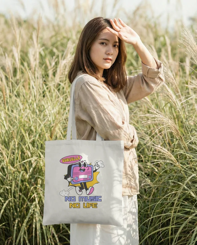 Serene Mockup of a Young Woman with a Tote Bag