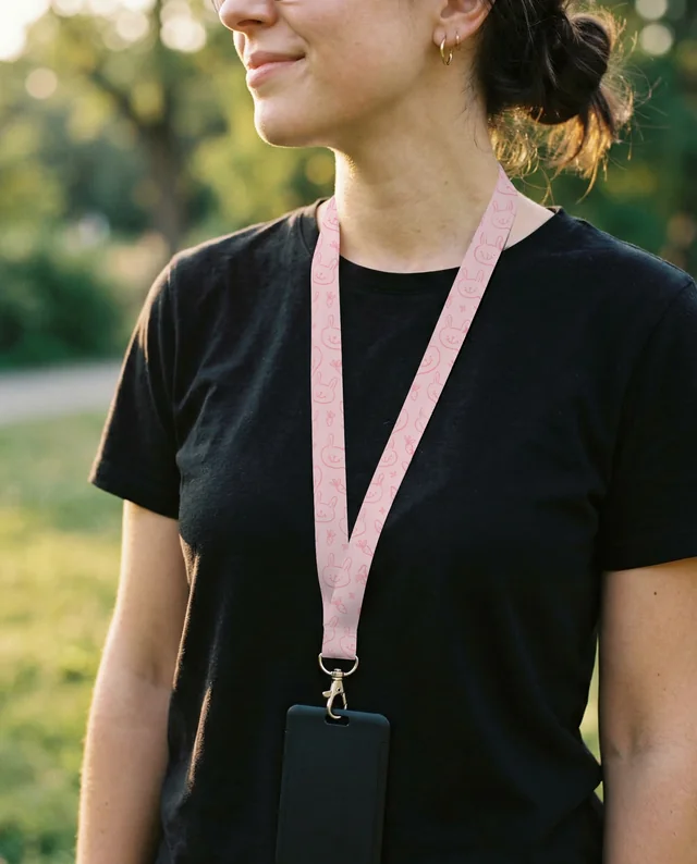 Young Woman in Park with Lanyard Mockup at Golden Hour