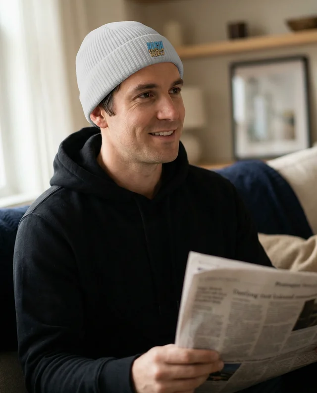 Cozy Living Room Mockup Featuring a Young Man in Beanie