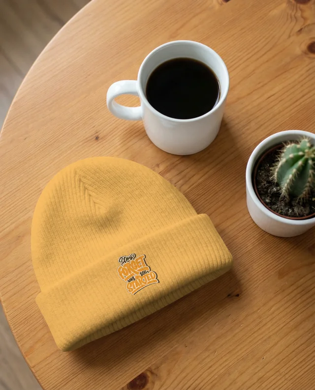 Cozy Tabletop Mockup with White Beanie and Cactus