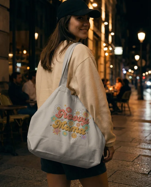 Stylish Mockup of a Tote Bag in a City Night Scene