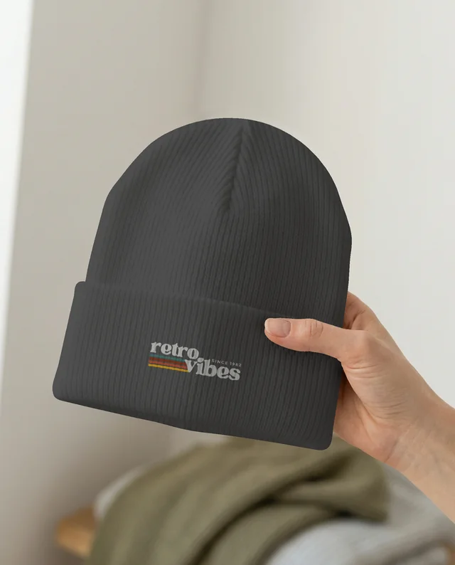 Close-Up Mockup of a Cozy White Ribbed Beanie