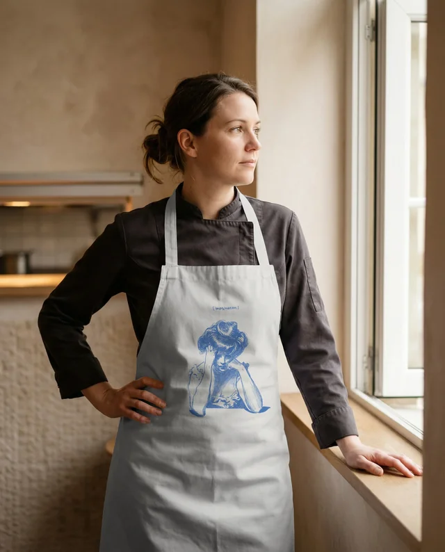 Female Chef in Modern Kitchen with Stylish Apron Mockup