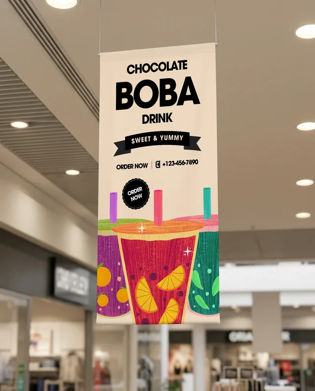 Modern Shopping Mall Interior with Blank Banner Mockup