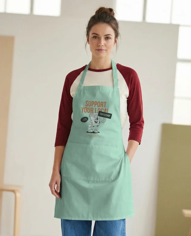Confident Woman in White Apron Mockup for Stylish Studios