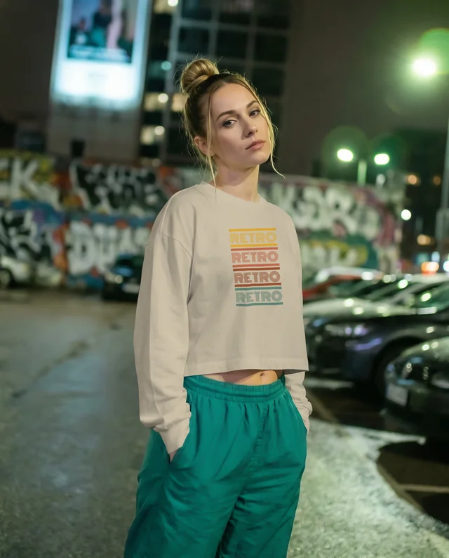 Urban Night Mockup of Woman in Crop Top and Sweatpants