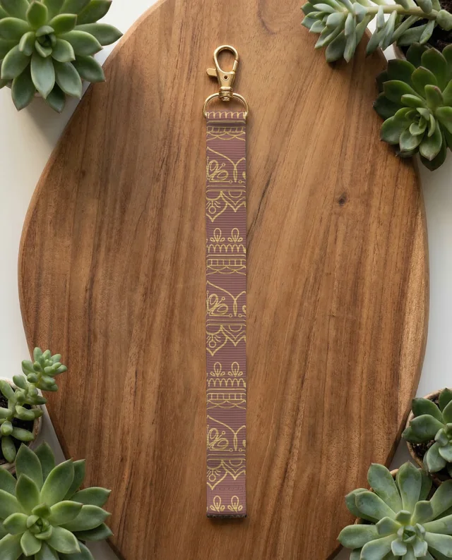 Elegant Lanyard Mockup on Wooden Surface with Succulents