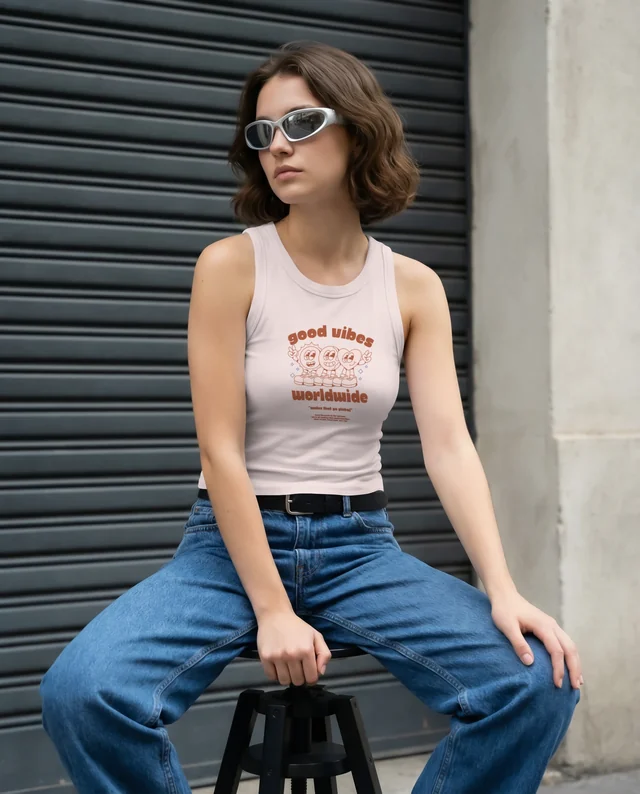Confident Woman in Fitted White Tank Top Urban Mockup