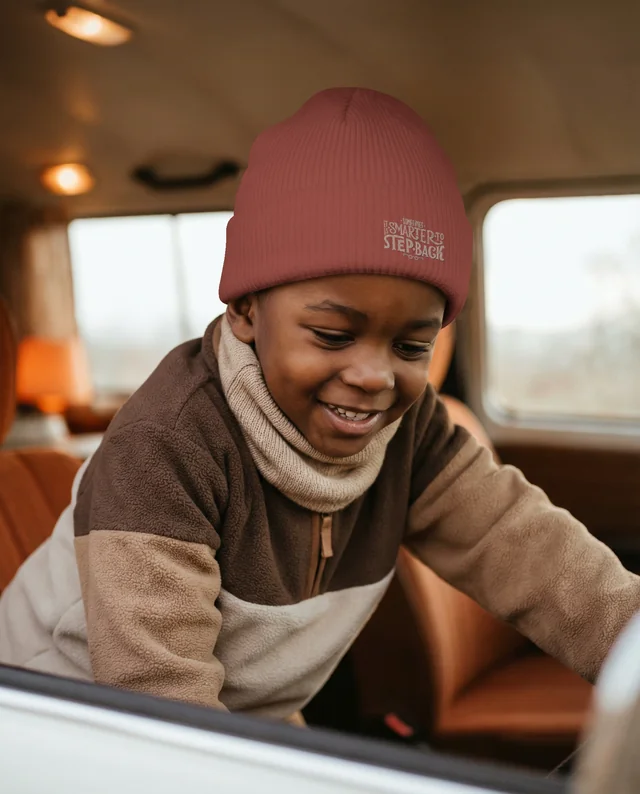 Joyful Boy in Vintage Vehicle Mockup with Cozy Beanie