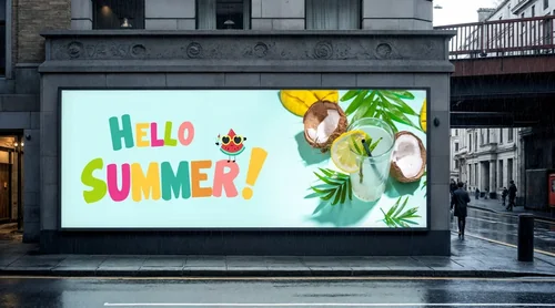 Urban Mockup of Billboard in Rainy Street Scene