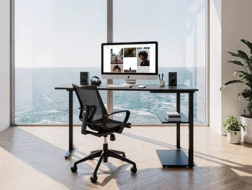 Modern Home Office Mockup with iMac and Ocean View