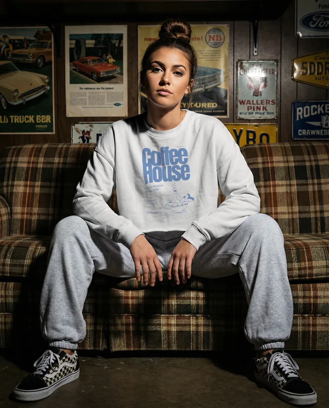 Confident Woman in Crop Top Mockup on Vintage Couch