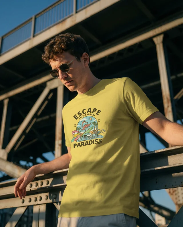 Stylish T-Shirt Mockup of a Young Man on a Bridge