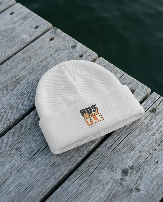 Stylish White Knit Beanie Mockup on Rustic Wooden Dock