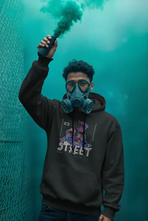Vibrant Mockup of Hoodie Against Teal Smoke Background