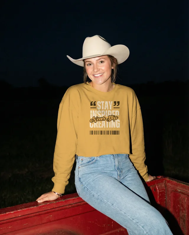 Cheerful Woman in Crop Top on Red Pickup Truck Mockup