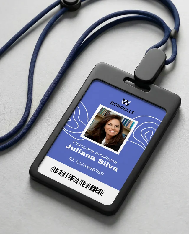 Elegant Mockup of ID Card in Black Holder and Blue Lanyard