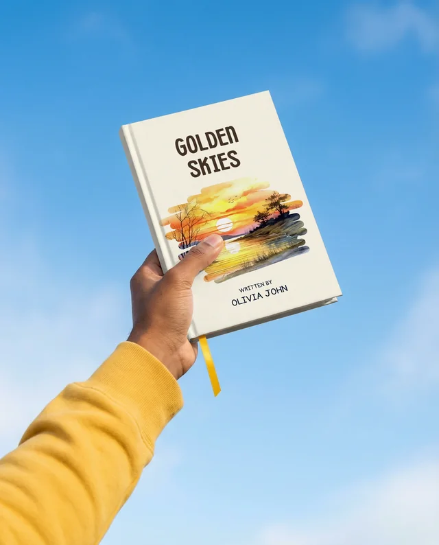 Mockup of a Book in Hand Against a Blue Sky